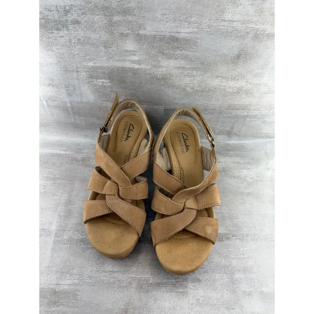Clarks Collection Tan Nubuck Cork Wedge Platform Sandals Women Sz 7M
